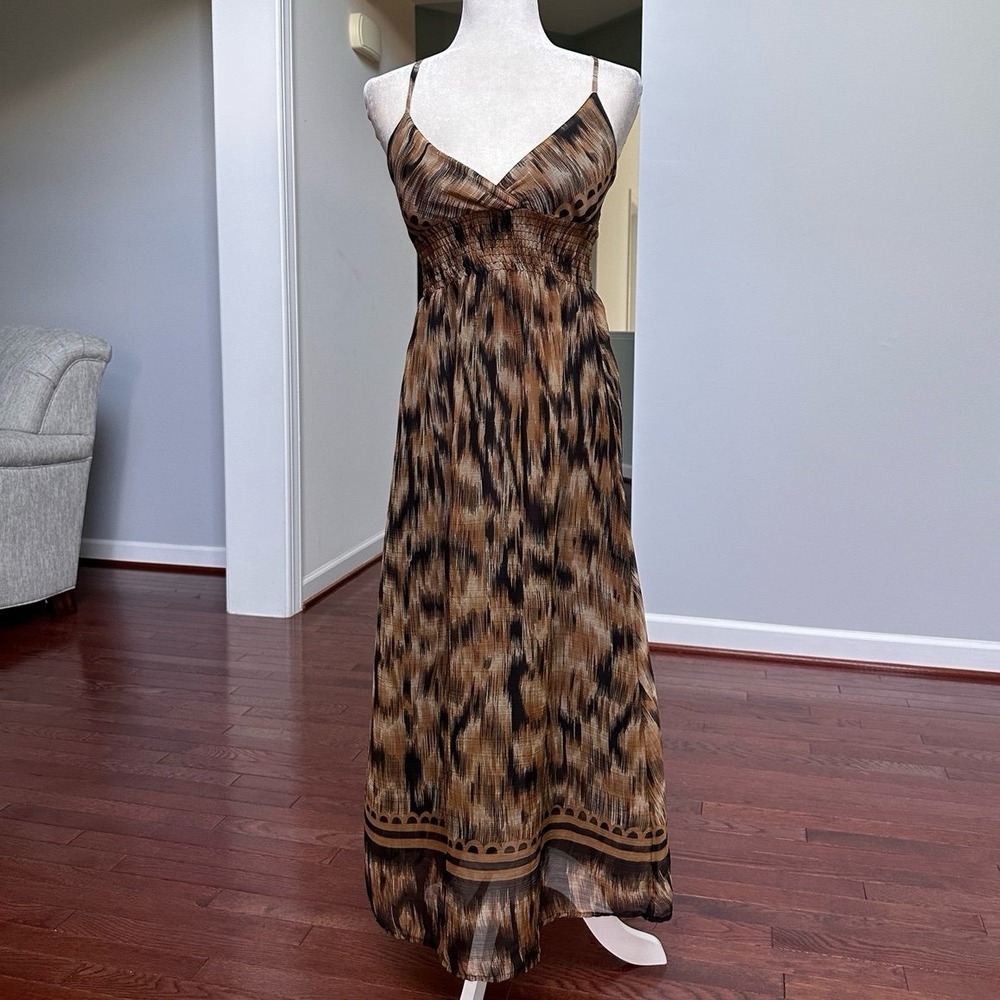 Vintage‎ She's Cool Brown Unique Pattern Plunge Sexy Summer Maxi Sun Dress